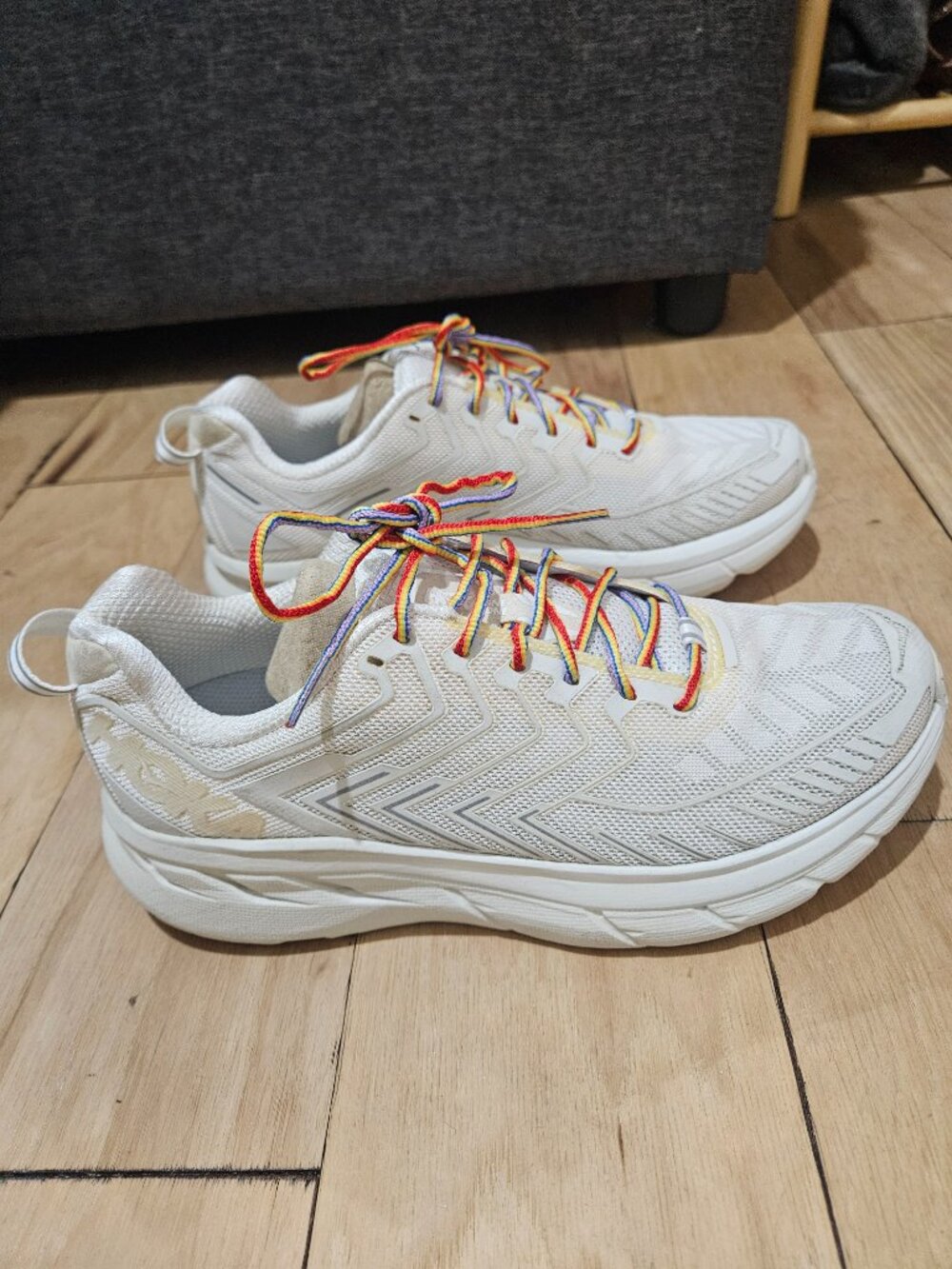 Hoka x Outdoor Voices Clifton Sneaker in White / Rainbow Laces (8) - Picture 8 of 8